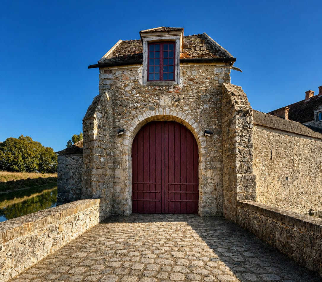 Entrée fortifiée du Fief des Époisses et son pont de pierre franchissant les douves, à Bombon en Seine-et-Marne